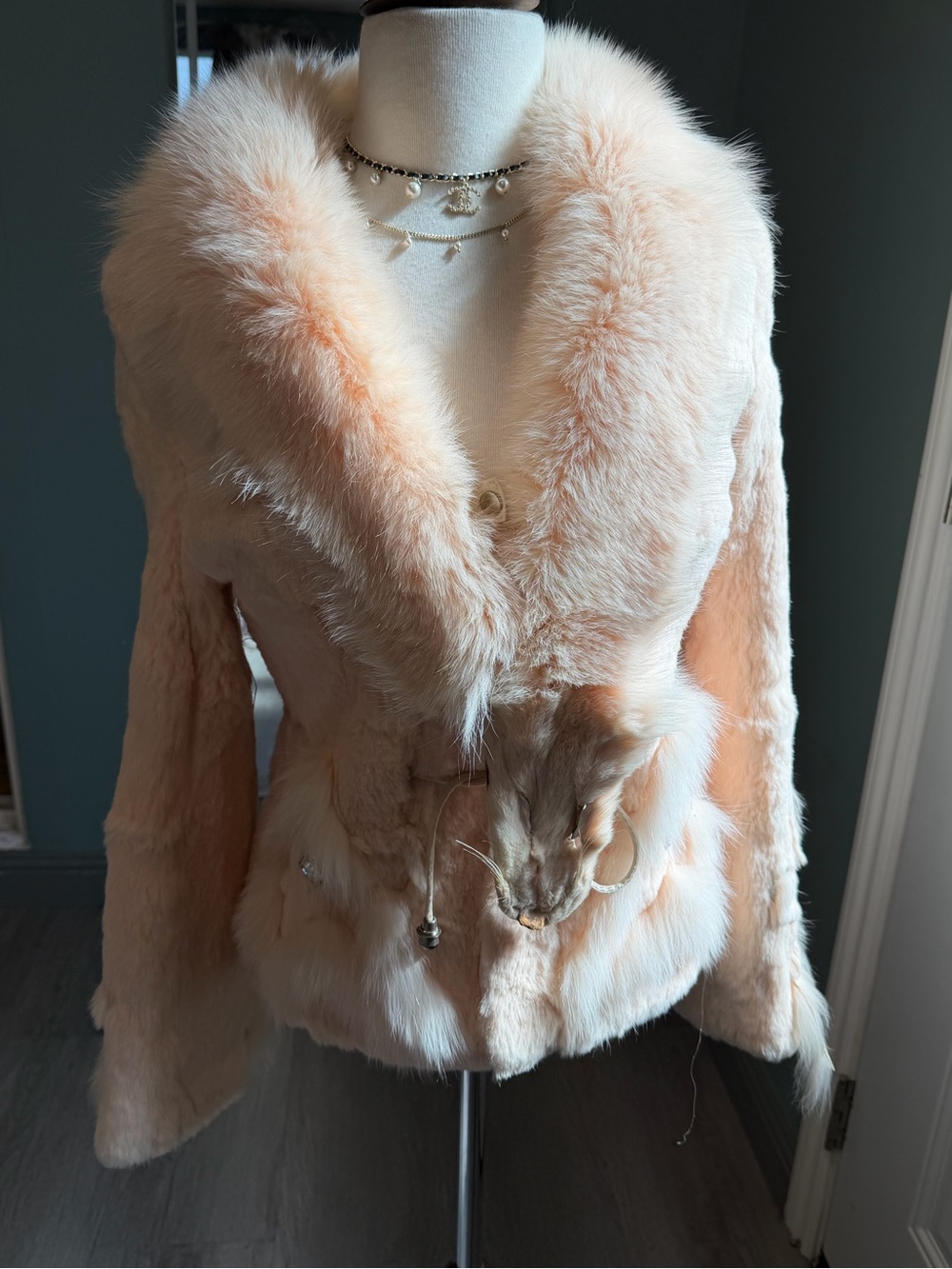 Vintage Peach Pink Rabbit Fur Jacket with Fox Fur Collar XS/S